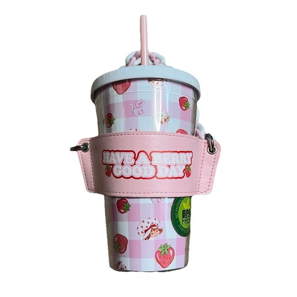 Strawberry Shortcake Berry Good Times Pink Plastic Cup With Lid Carrier Straw - Picture 1 of 3